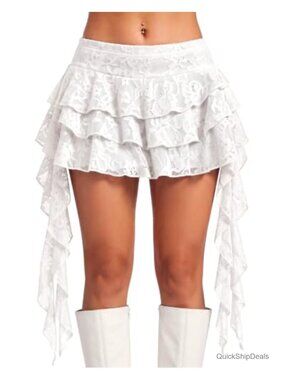 Lace Mini Skirt Asymmetrical Ruffle High Low Flowy Short Skirt Built-In Shorts